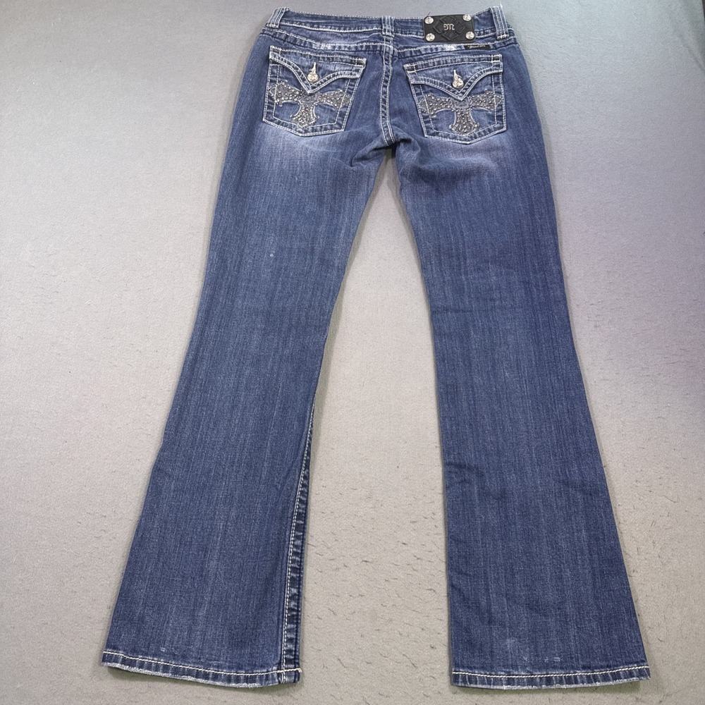 Miss Me Jeans Womens 30/32 Blue Denim Cross Bling Embelished Signature Boot - Picture 11 of 12